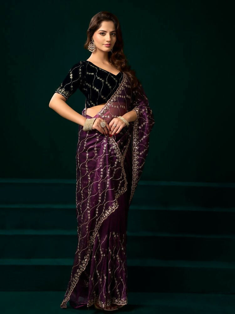 Joban Fashion Wine Net Party Wear Sarees - Distacart