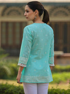 Juniper Women's Aqua Cambric Floral Printed Tunic - Distacart