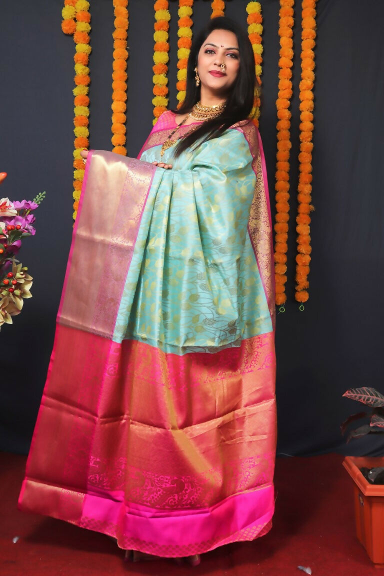 Jyoti Fashion Women's Sky Blue Kanjivaram Silk Zari Woven Saree with Blouse