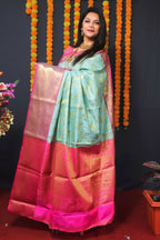 Jyoti Fashion Women's Sky Blue Kanjivaram Silk Zari Woven Saree with Blouse