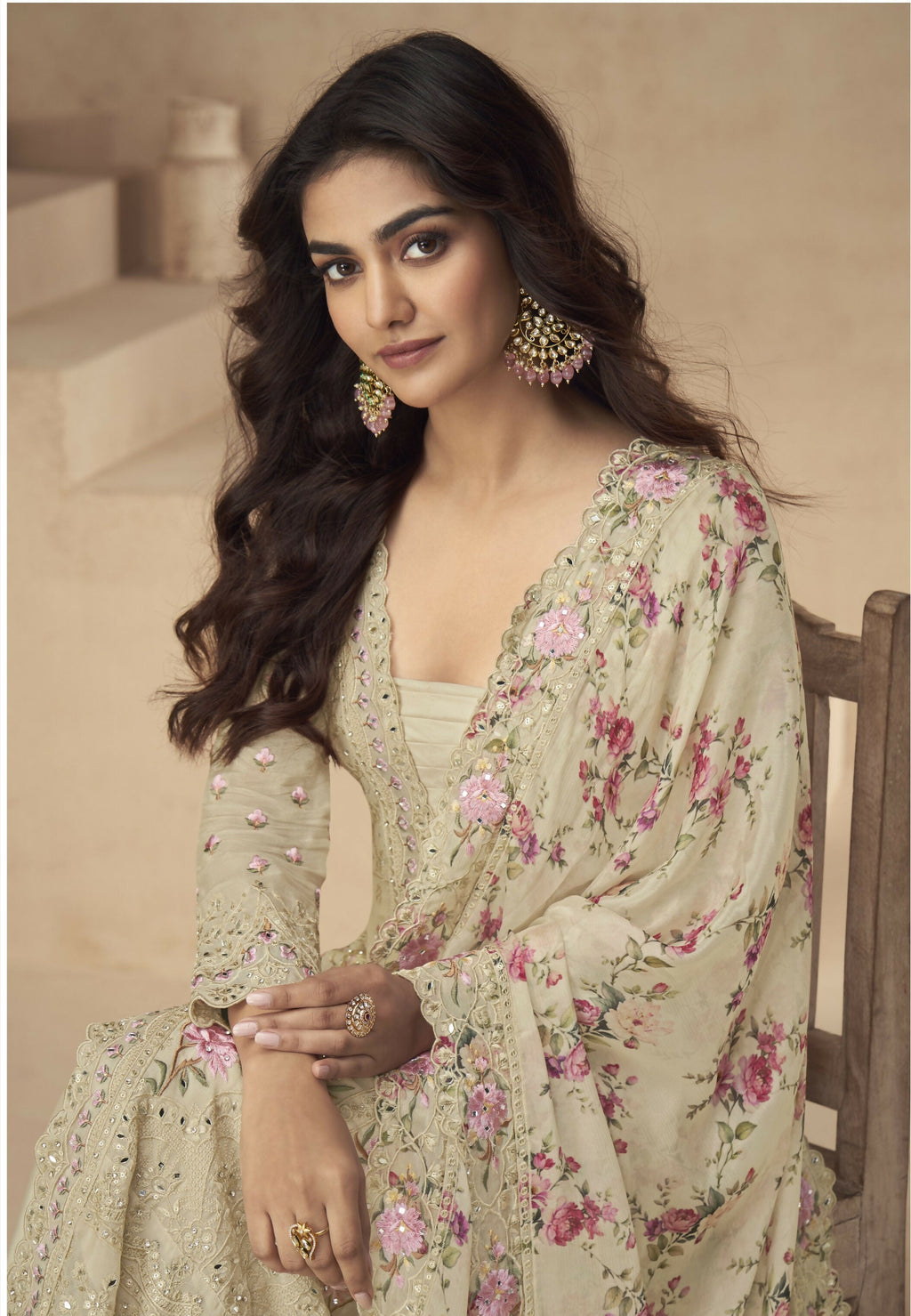 Anaita Cream Chinon Readymade Suit with Embroidery Sequence Work - Distacart