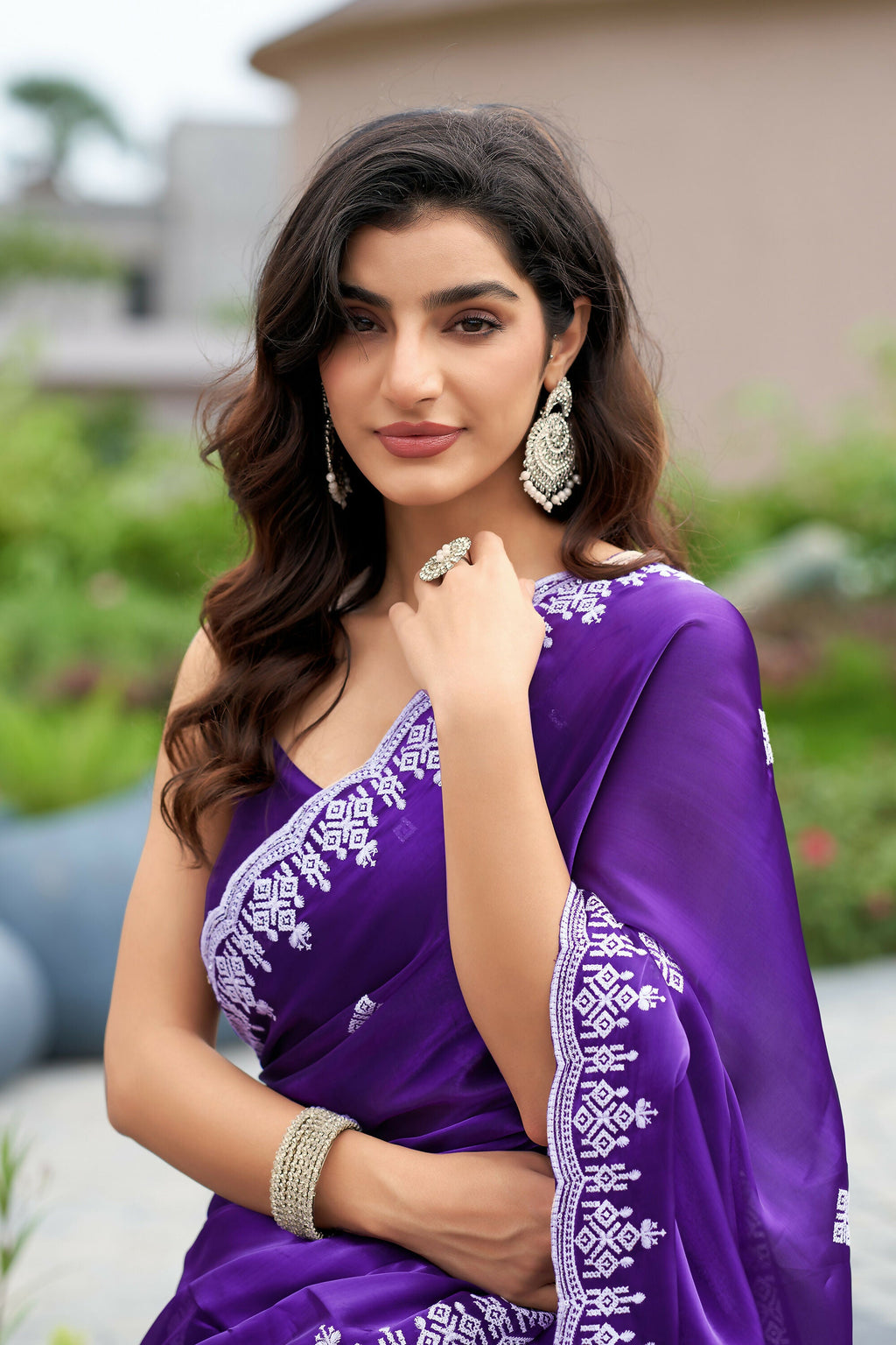 Vastranavya Purple-Blue Embroidery Work Shimmer Chiffon Saree with Unstitched Blouse - Distacart