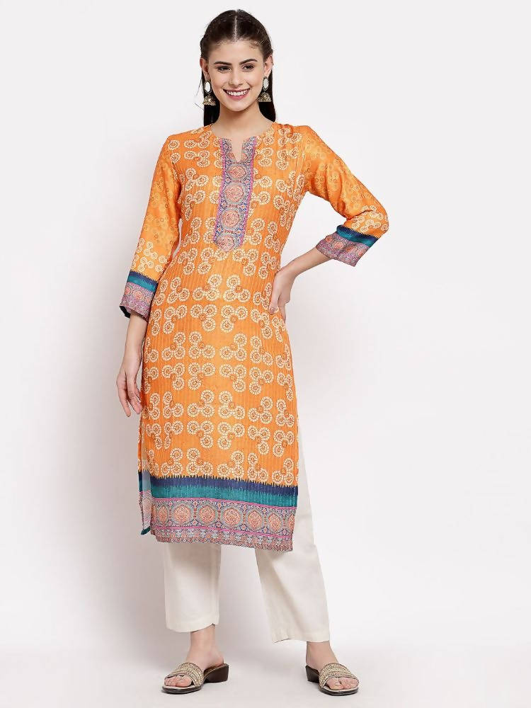Myshka Women's Multi Cotton Printed 3/4 Sleeve Round Neck Casual Kurta