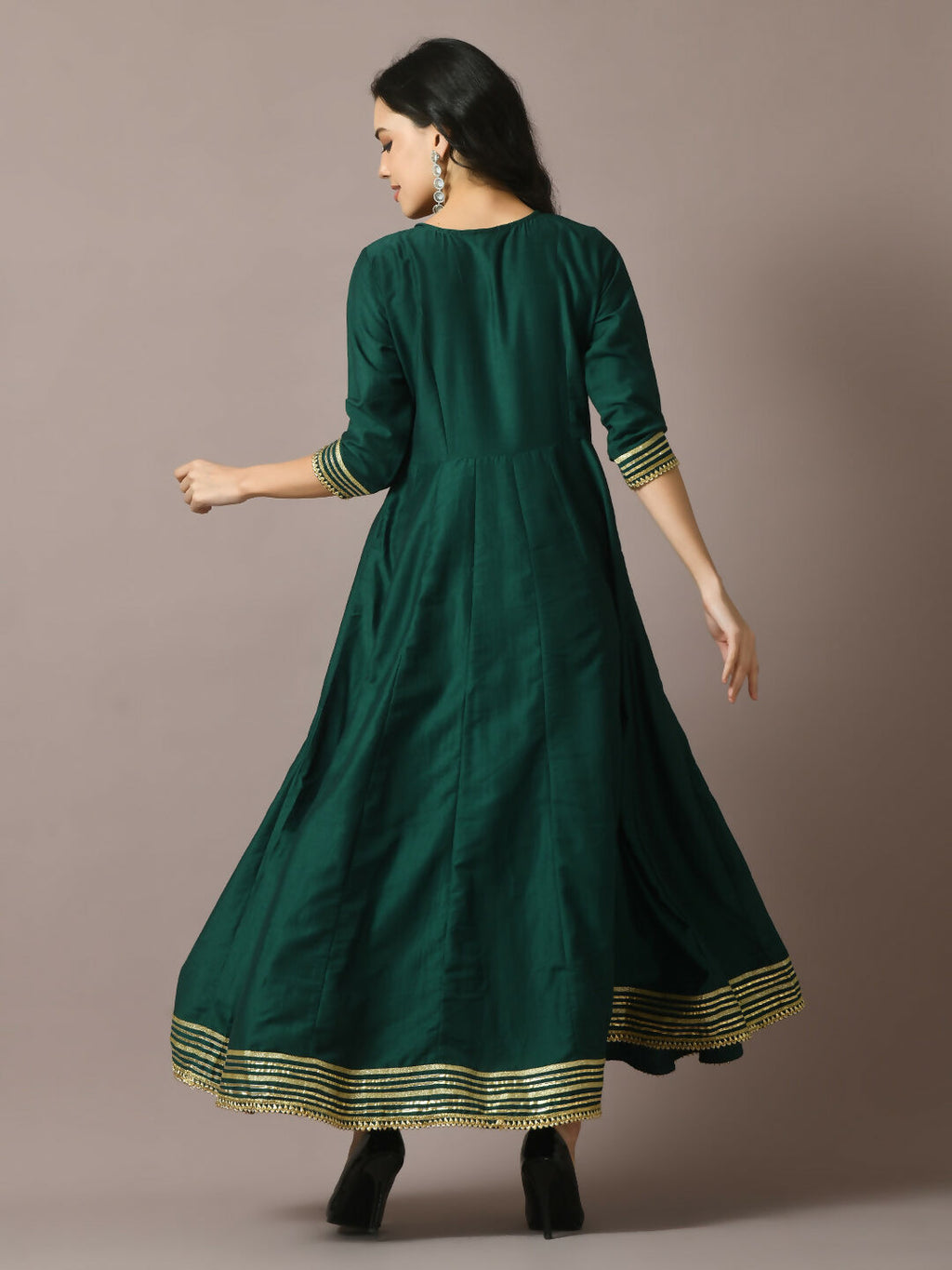 Myshka Women's Green Solid Silk Anarkali Party Kurta