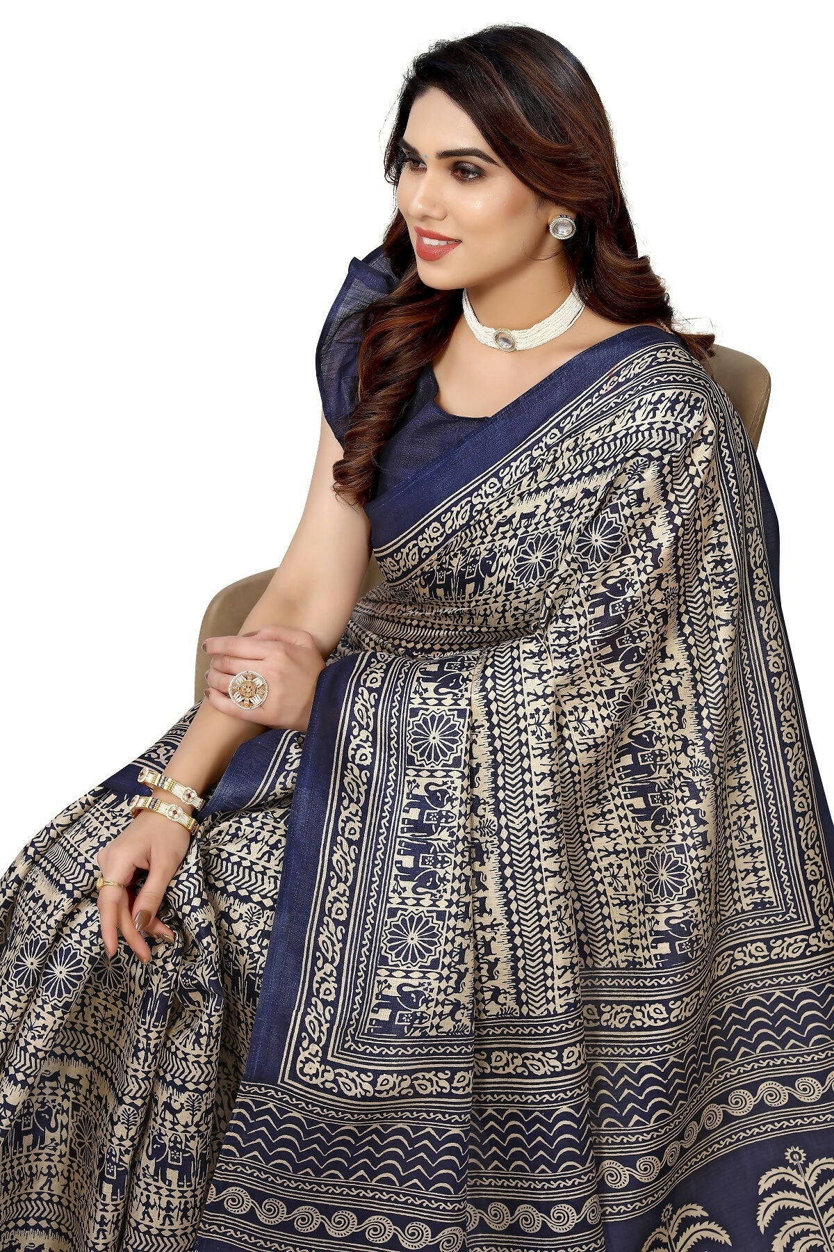 Vamika navy Printed Art Silk Saree