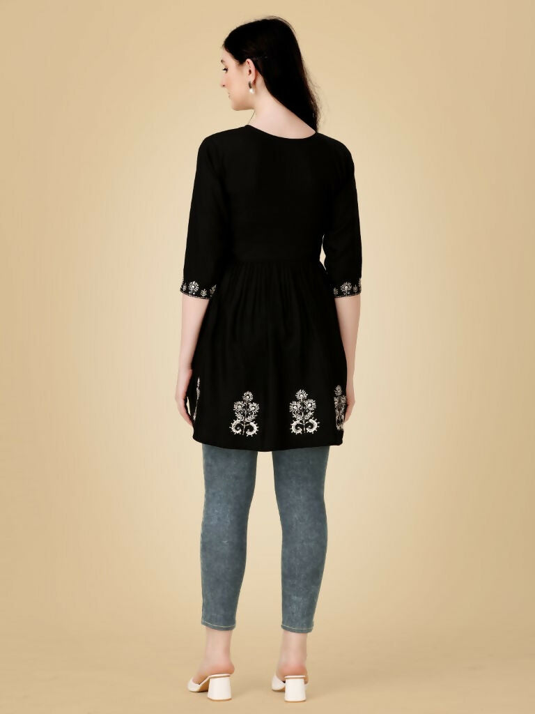 Jyoti Fashion Women's Black Viscose Rayon Embroidered Casual Top