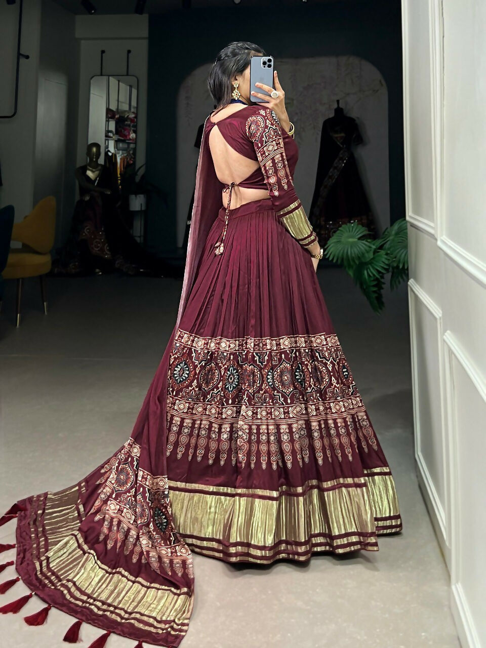Vastranavya Traditional Every Occasion Gaji Silk Digital Print With Lagadi Patta Lehenga with Unstitched Blouse - Maroon