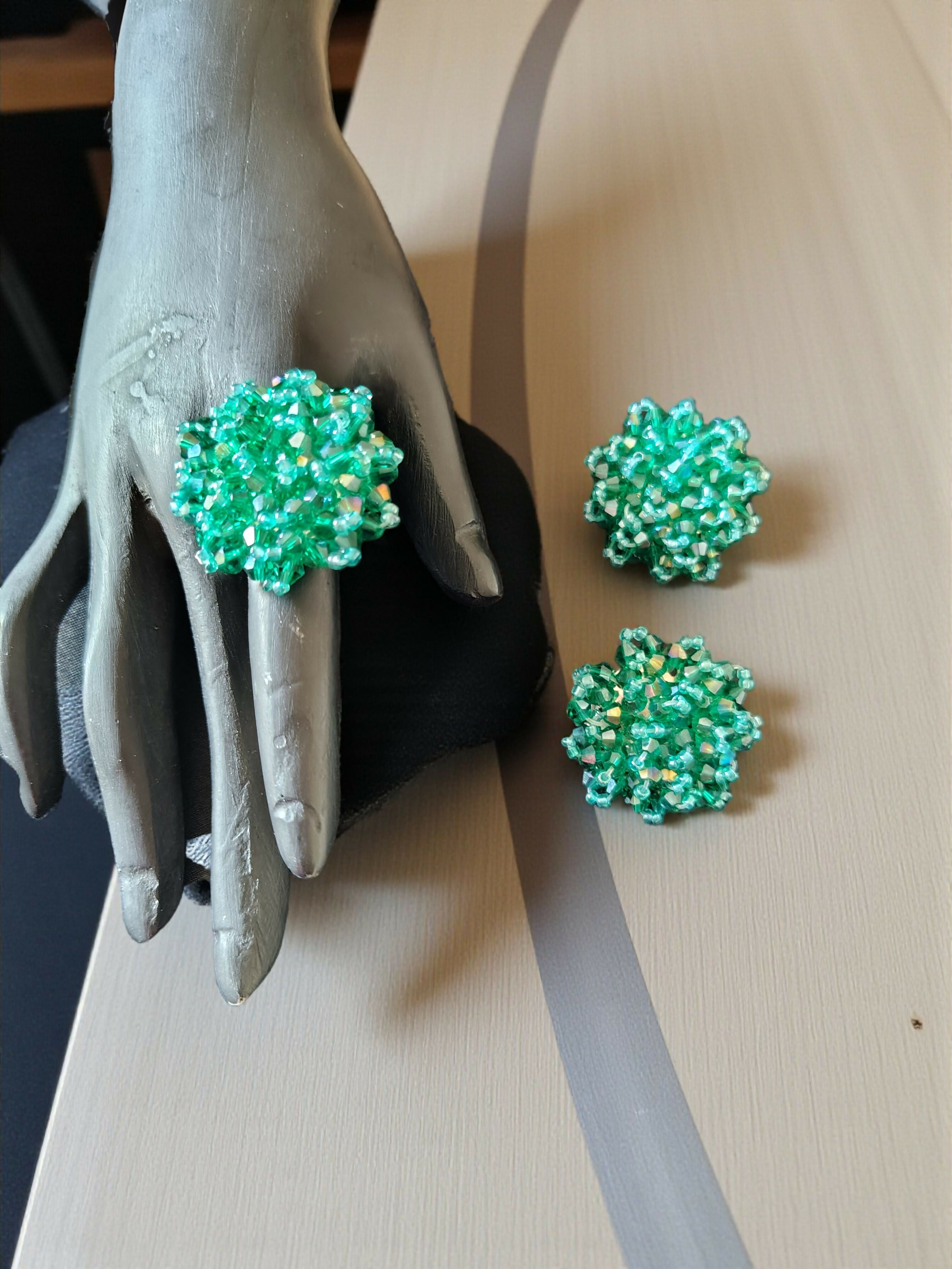 Inhanns Rangmani Crystal Duo – Adjustable Ring + Statement Earrings Set - Sea Green - Distacart