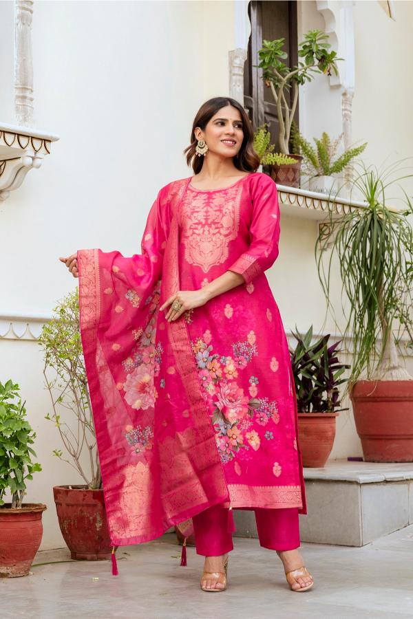 The52 Women Gorgeous Chanderi Cotton Fabric Straight Kurta, Pant and Dupatta Set - Distacart