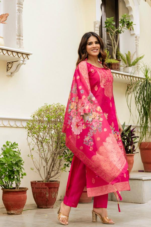 The52 Women Gorgeous Chanderi Cotton Fabric Straight Kurta, Pant and Dupatta Set - Distacart