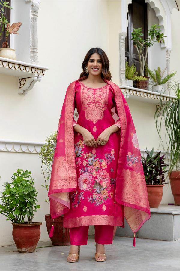 The52 Women Gorgeous Chanderi Cotton Fabric Straight Kurta, Pant and Dupatta Set - Distacart
