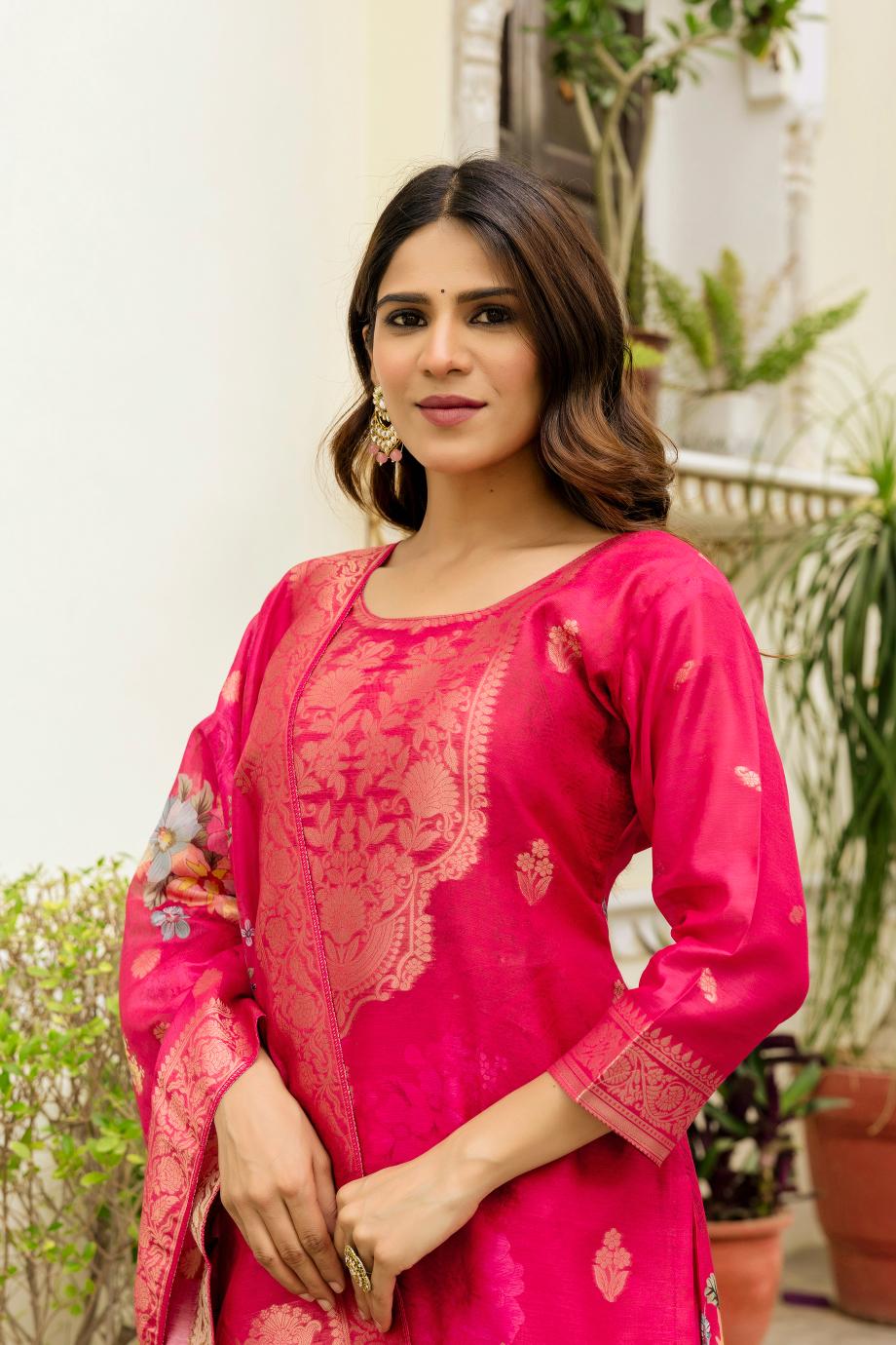 The52 Women Gorgeous Chanderi Cotton Fabric Straight Kurta, Pant and Dupatta Set - Distacart