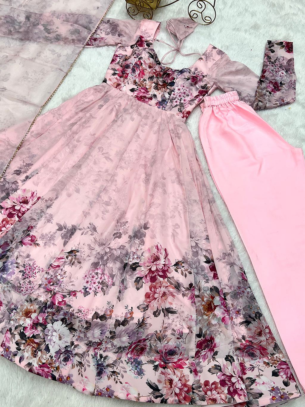 Lorenvalley Fashion Women Pure Soft Organza Silk Floral Print Fully Flair Anarkali With Pent Dupatta Set - Pink
