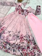 Lorenvalley Fashion Women Pure Soft Organza Silk Floral Print Fully Flair Anarkali With Pent Dupatta Set - Pink