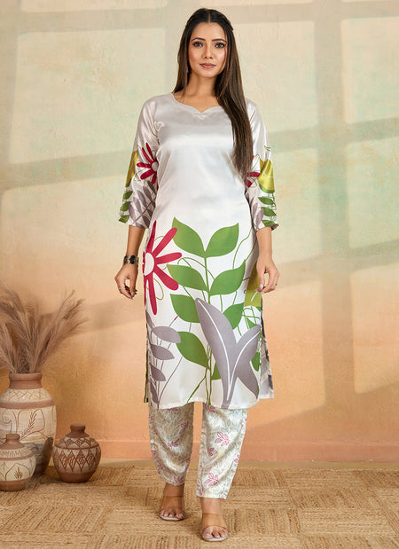 Prazu Fashion Off White Printed Cotton Reyon Kurta Pant Set