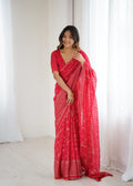 Lorenvalley Fashion Pink Solo Georgette Superb Finishing Foils Print & Fancy Zalar Lace in Border Saree with Blouse - Distacart