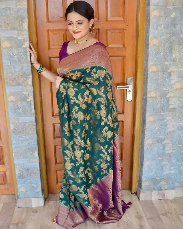 DEIANA'S Beautiful Designer Golden zari Soft Lichi Silk Saree - Teal
