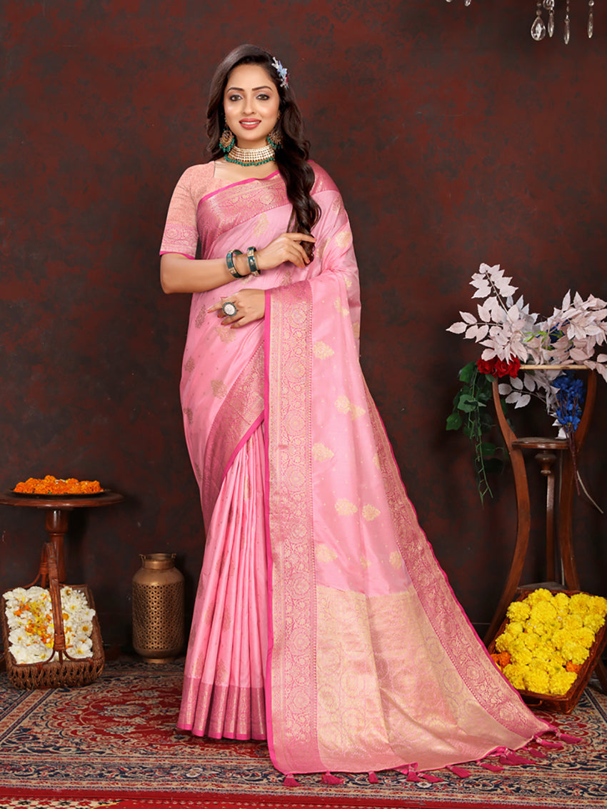 Lorenvalley Fashion Pink Soft Katan Silk Woven Design Zari Weaving Pallu Saree