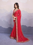 Red Georgette Bandhani Printed,Embroidery Work Saree - Surkhi