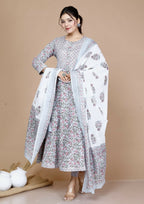 Miravan Women's Blue Printed With Gota Patti Work Anarkali Kurta With Dupatta