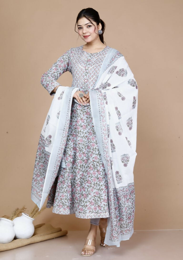 Miravan Women's Blue Printed With Gota Patti Work Anarkali Kurta With Dupatta