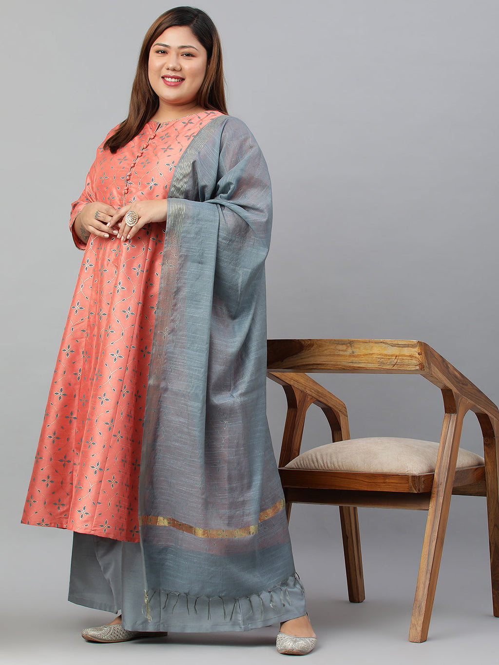 Janasya XL LOVE by Janasya Women's Plus Size Peach Poly Silk Kurta With Palazzo and Dupatta - Distacart