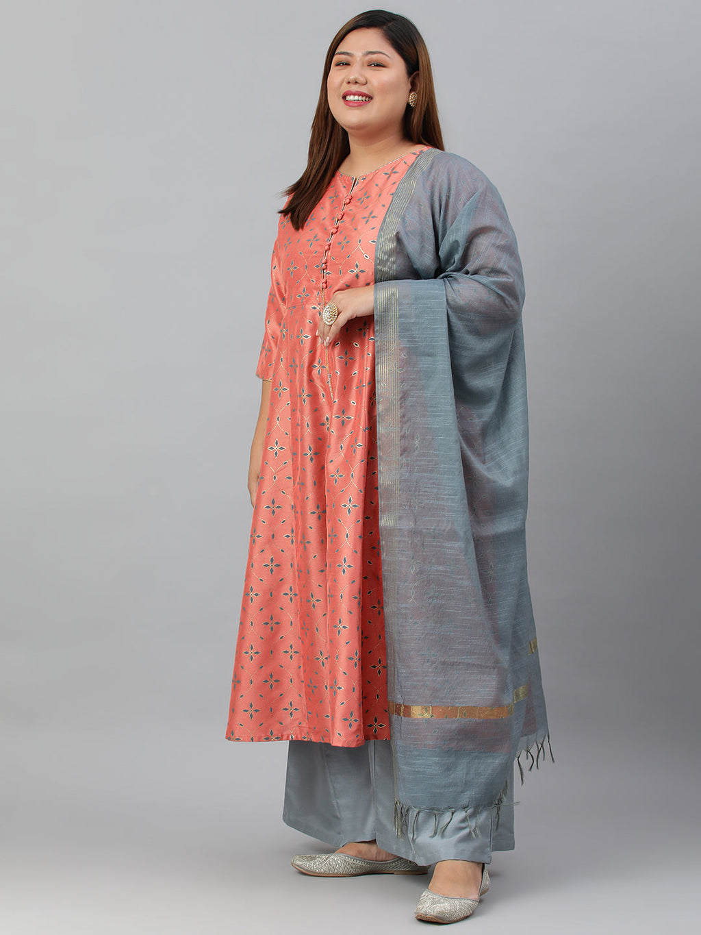 Janasya XL LOVE by Janasya Women's Plus Size Peach Poly Silk Kurta With Palazzo and Dupatta - Distacart