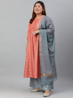 Janasya XL LOVE by Janasya Women's Plus Size Peach Poly Silk Kurta With Palazzo and Dupatta - Distacart