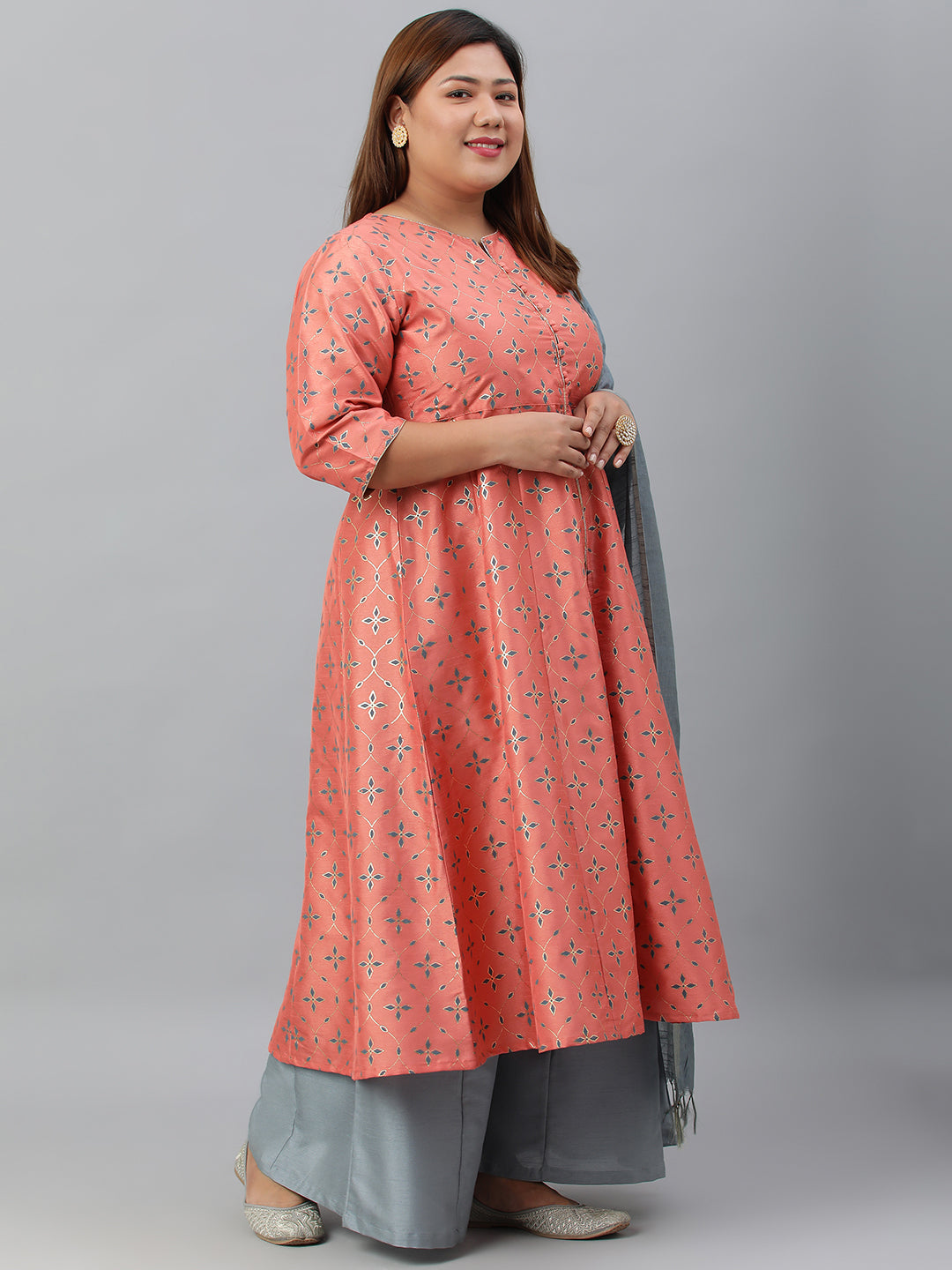 Janasya XL LOVE by Janasya Women's Plus Size Peach Poly Silk Kurta With Palazzo and Dupatta - Distacart