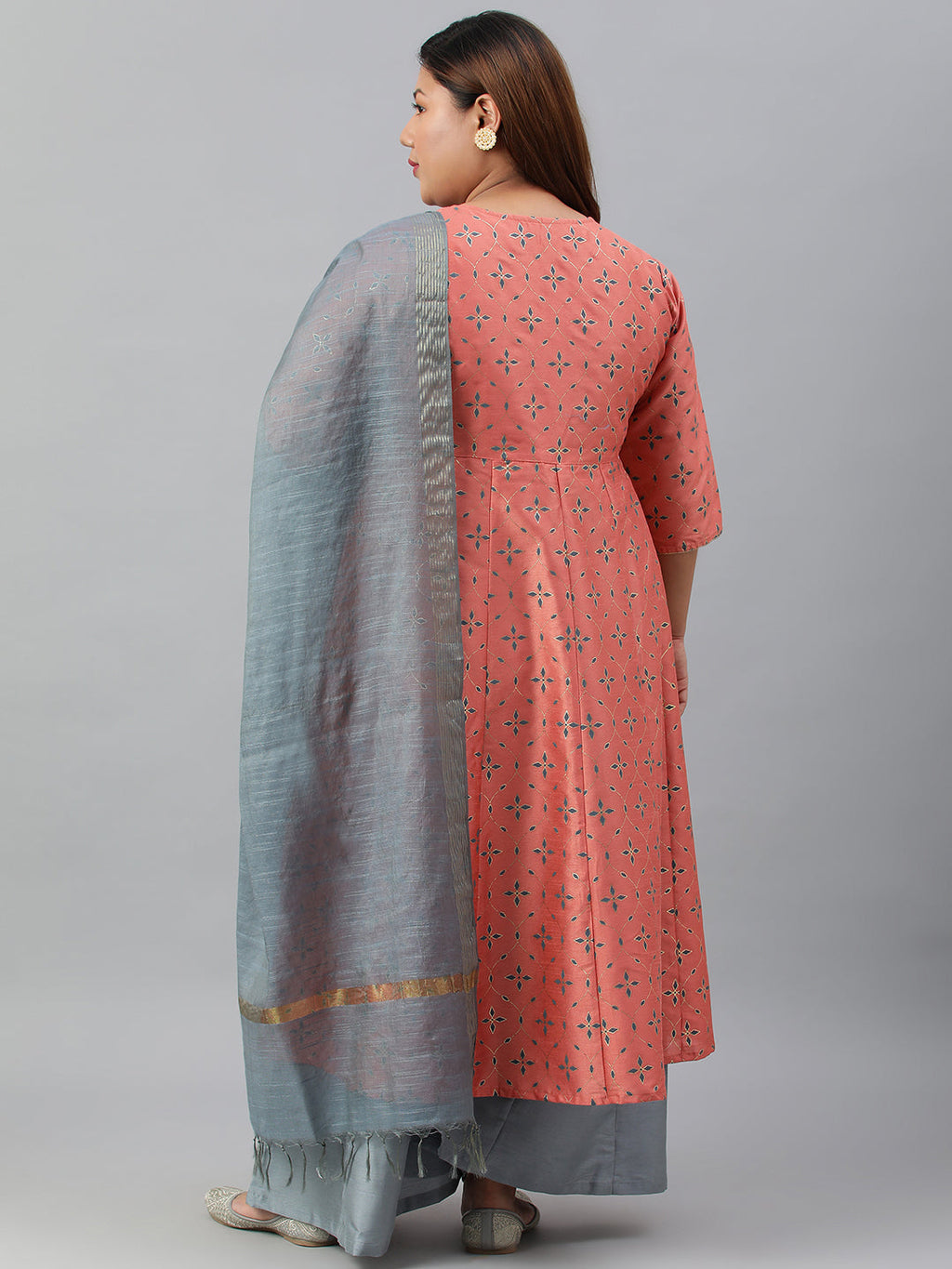 Janasya XL LOVE by Janasya Women's Plus Size Peach Poly Silk Kurta With Palazzo and Dupatta - Distacart