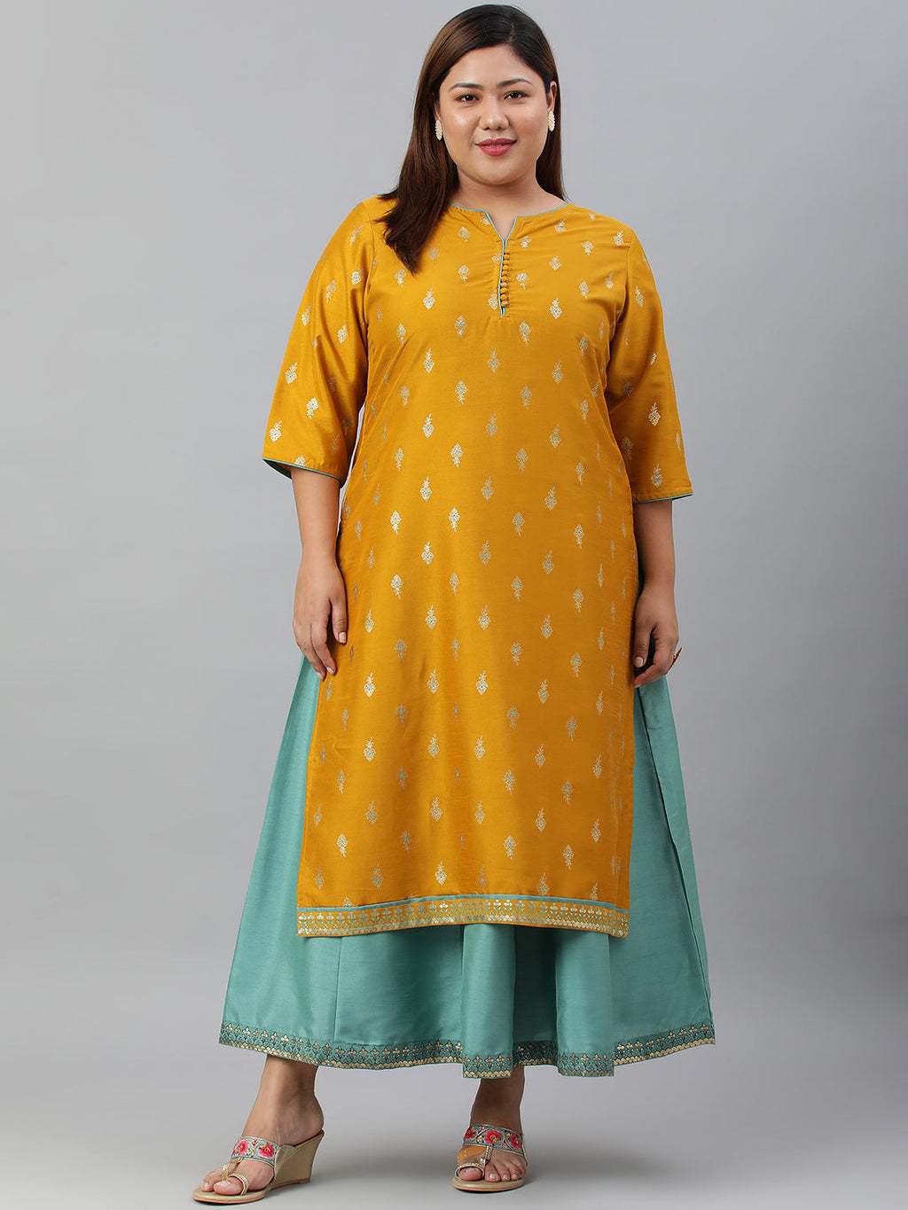 Janasya Women's Mustard Poly Silk Foil Print A-line Dress - Distacart