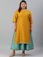 Janasya Women's Mustard Poly Silk Foil Print A-line Dress - Distacart