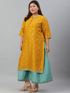 Janasya Women's Mustard Poly Silk Foil Print A-line Dress - Distacart