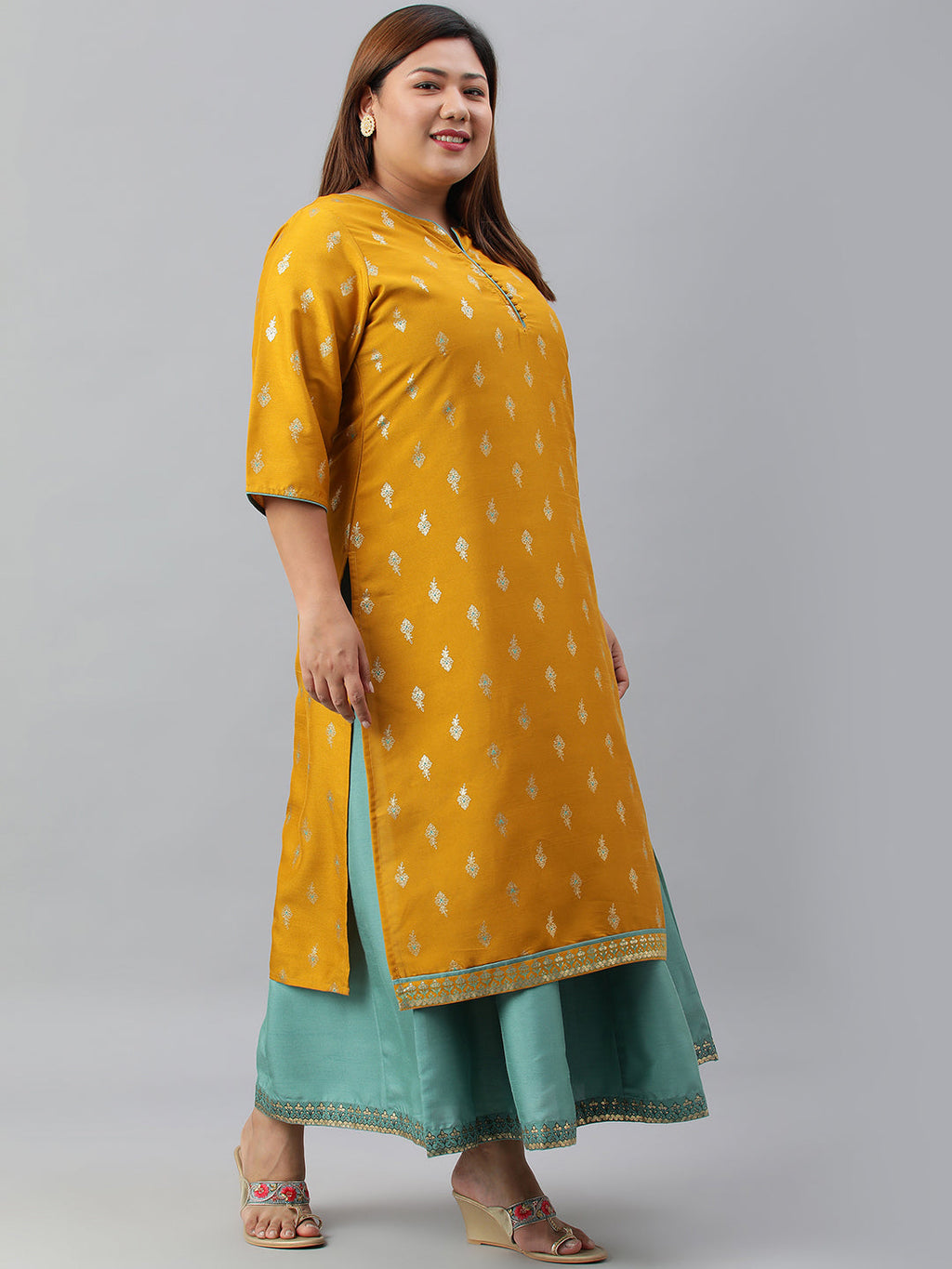 Janasya Women's Mustard Poly Silk Foil Print A-line Dress - Distacart