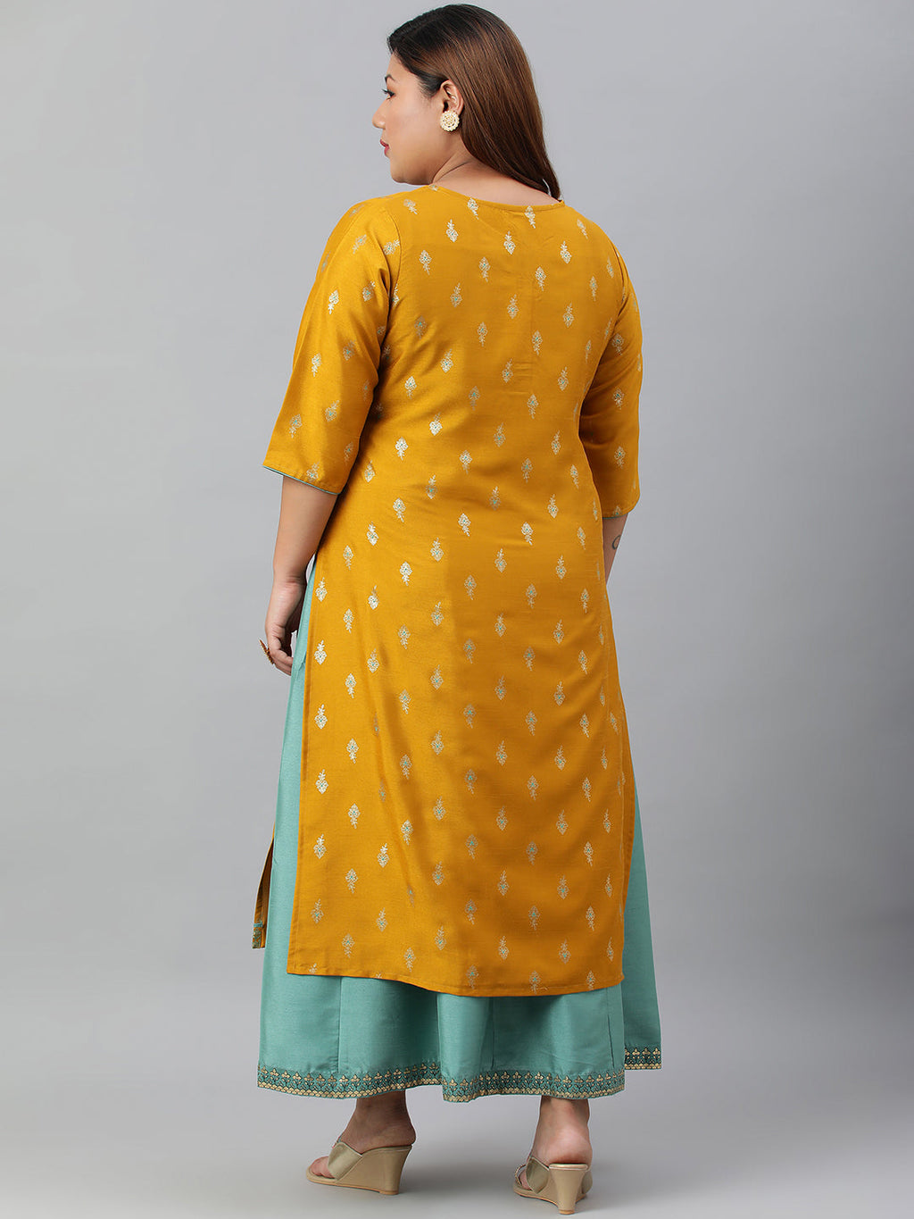 Janasya Women's Mustard Poly Silk Foil Print A-line Dress - Distacart