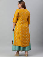 Janasya Women's Mustard Poly Silk Foil Print A-line Dress - Distacart