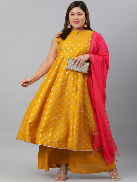 Janasya XL LOVE by Janasya Women's Plus Size Mustard Poly Silk Kurti With Palazzo and Dupatta