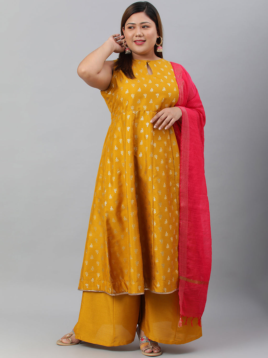 Janasya XL LOVE by Janasya Women's Plus Size Mustard Poly Silk Kurti With Palazzo and Dupatta - Distacart