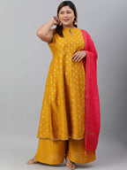 Janasya XL LOVE by Janasya Women's Plus Size Mustard Poly Silk Kurti With Palazzo and Dupatta - Distacart