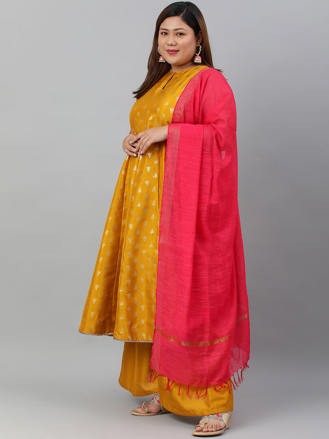 Janasya XL LOVE by Janasya Women's Plus Size Mustard Poly Silk Kurti With Palazzo and Dupatta - Distacart