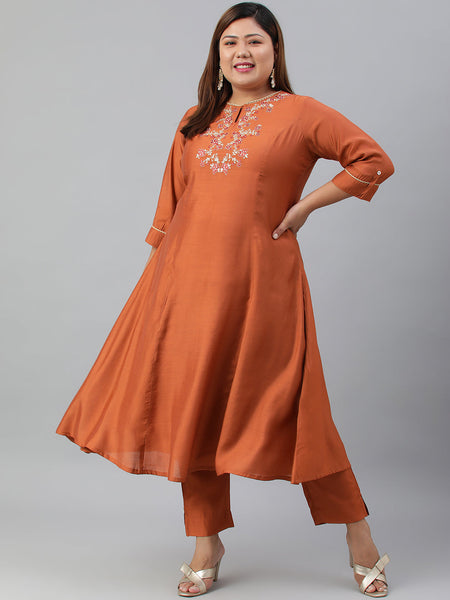 Janasya XL LOVE by Janasya Women's Plus Size Rust Orange Poly Silk Kurta With Pant