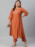 Janasya XL LOVE by Janasya Women's Plus Size Rust Orange Poly Silk Kurta With Pant - Distacart