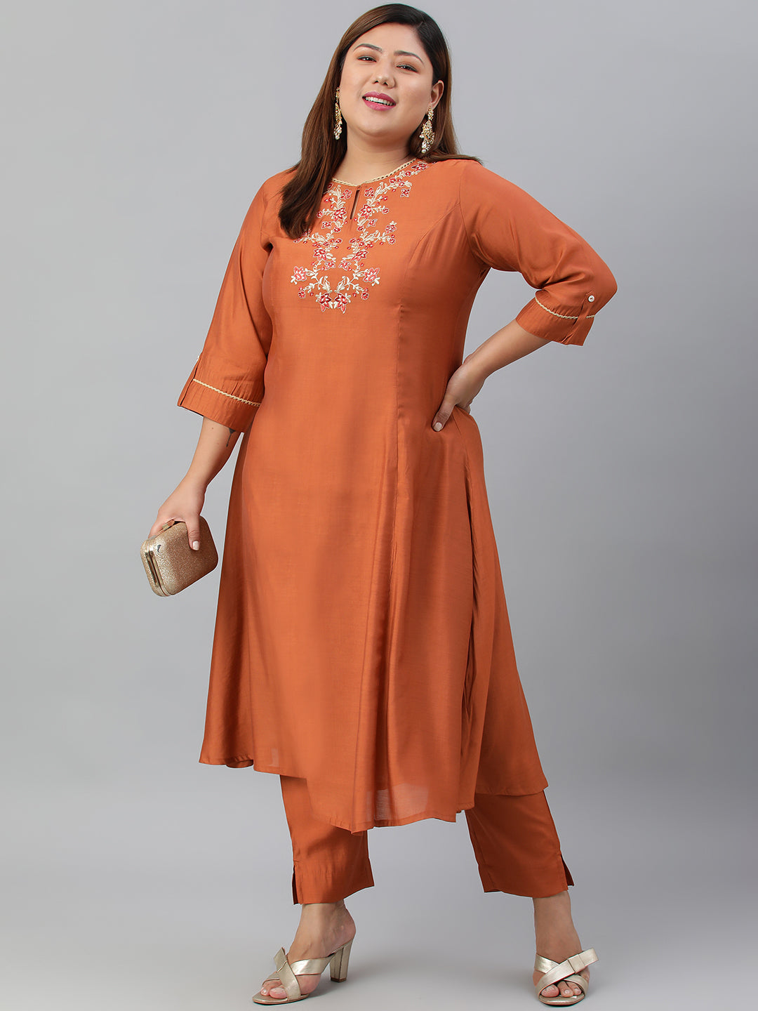 Janasya XL LOVE by Janasya Women's Plus Size Rust Orange Poly Silk Kurta With Pant - Distacart