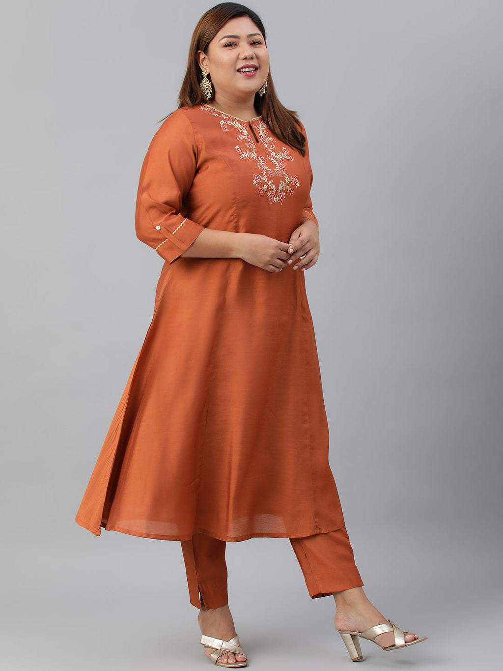 Janasya XL LOVE by Janasya Women's Plus Size Rust Orange Poly Silk Kurta With Pant - Distacart