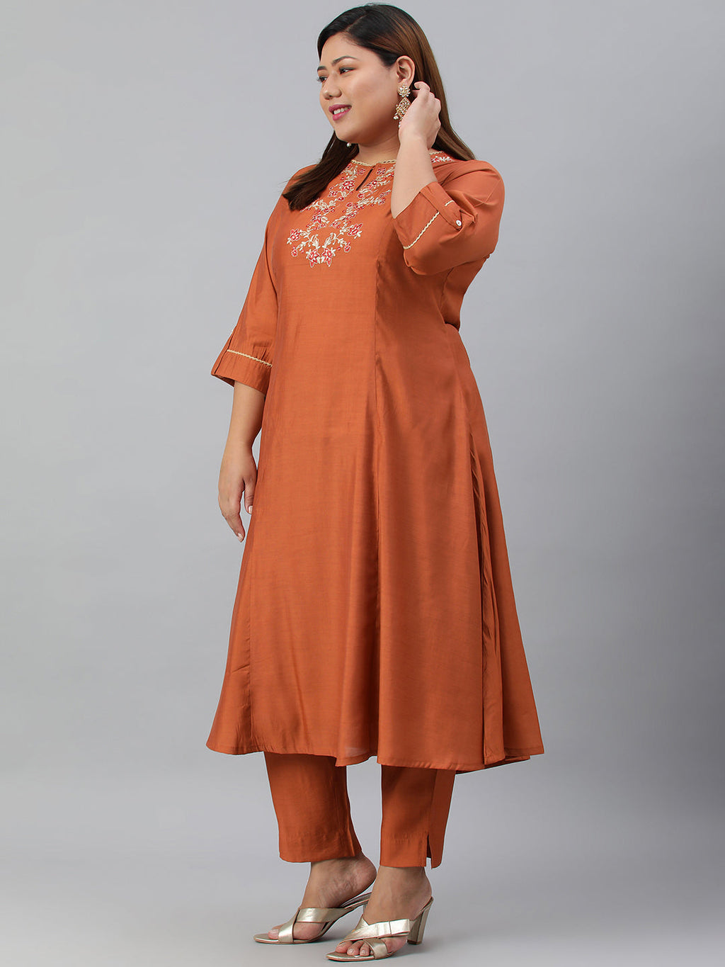 Janasya XL LOVE by Janasya Women's Plus Size Rust Orange Poly Silk Kurta With Pant - Distacart