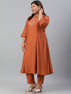 Janasya XL LOVE by Janasya Women's Plus Size Rust Orange Poly Silk Kurta With Pant - Distacart