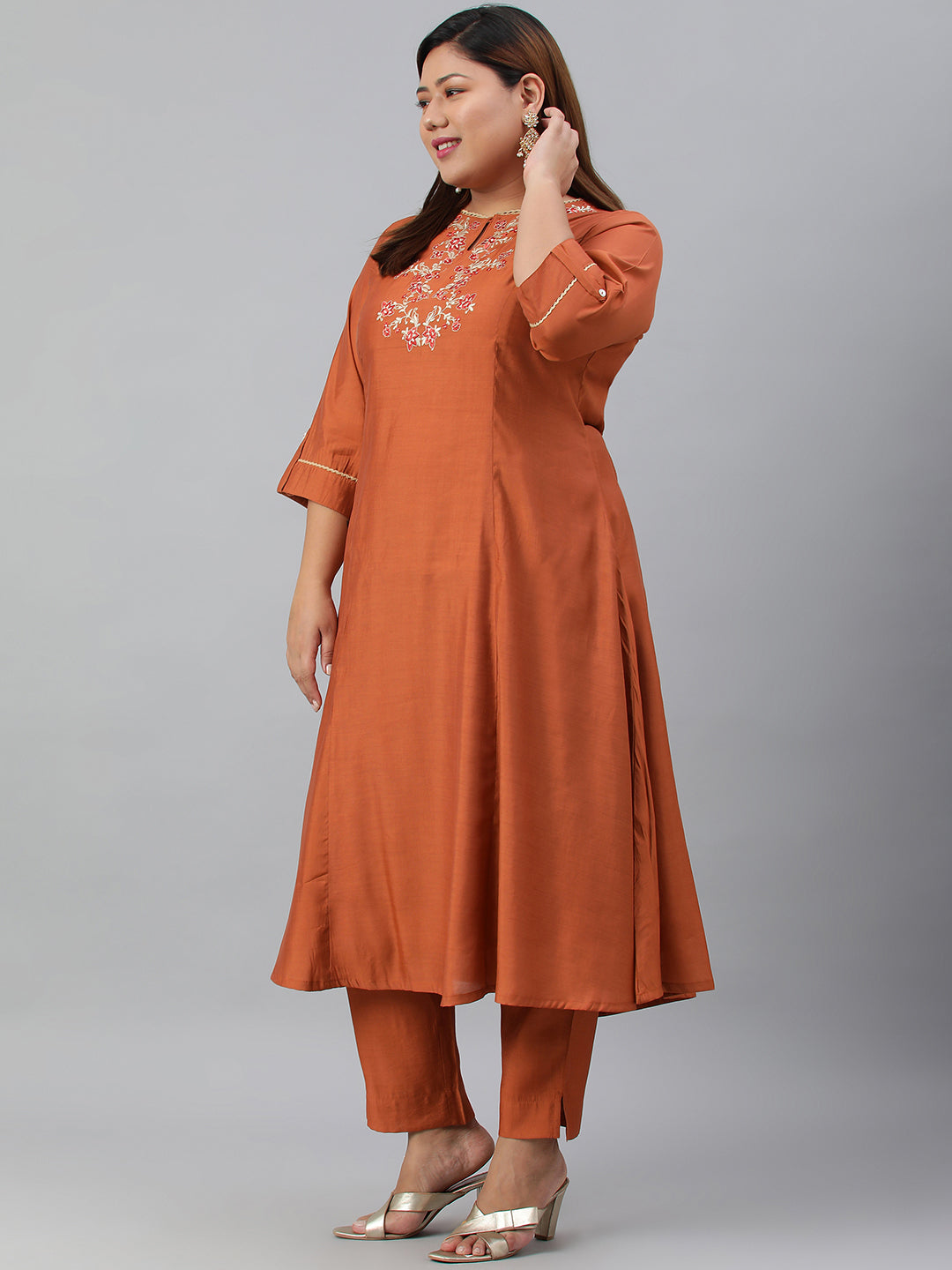 Janasya XL LOVE by Janasya Women's Plus Size Rust Orange Poly Silk Kurta With Pant - Distacart