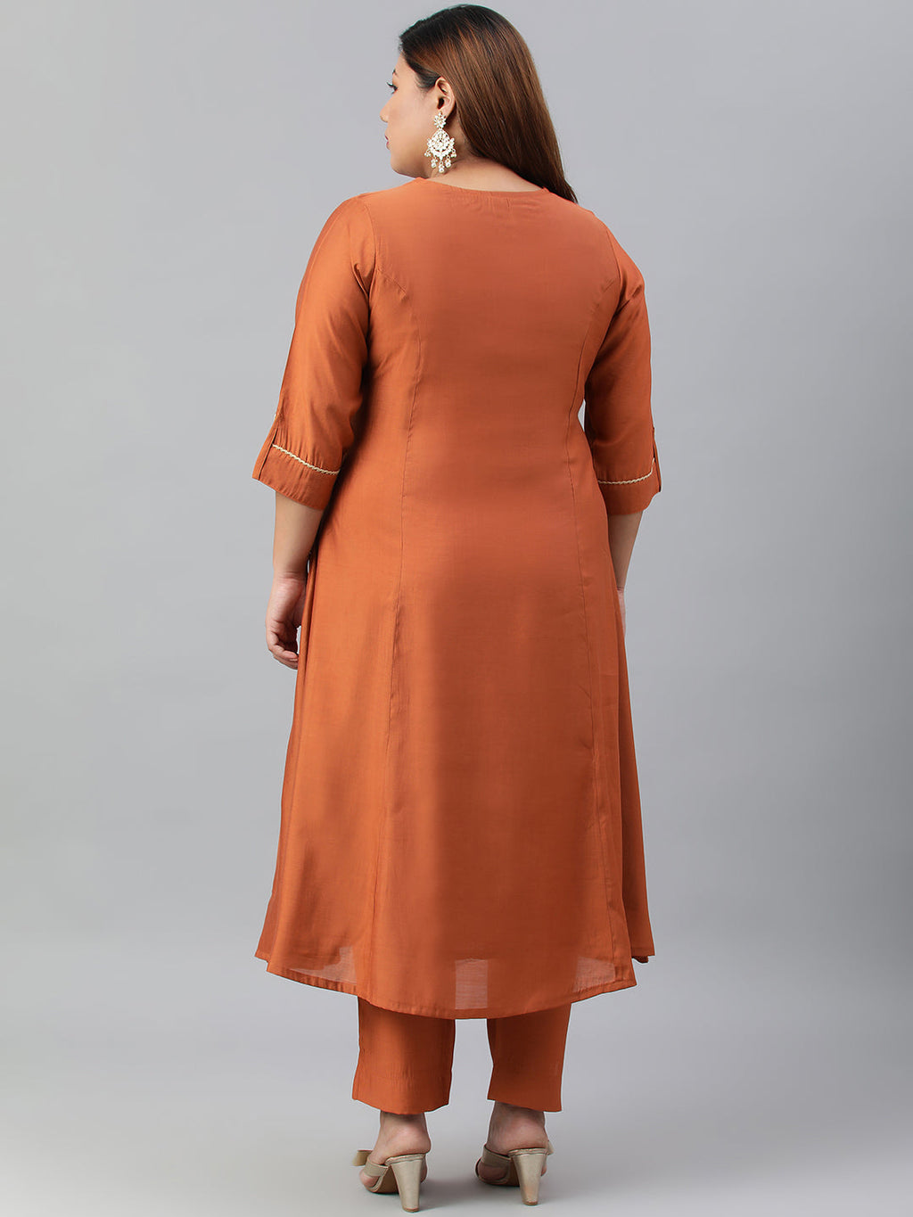 Janasya XL LOVE by Janasya Women's Plus Size Rust Orange Poly Silk Kurta With Pant - Distacart