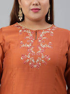Janasya XL LOVE by Janasya Women's Plus Size Rust Orange Poly Silk Kurta With Pant - Distacart