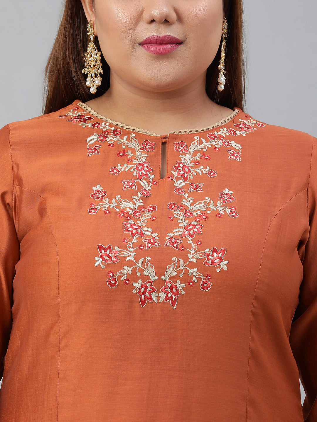 Janasya XL LOVE by Janasya Women's Plus Size Rust Orange Poly Silk Kurta With Pant - Distacart